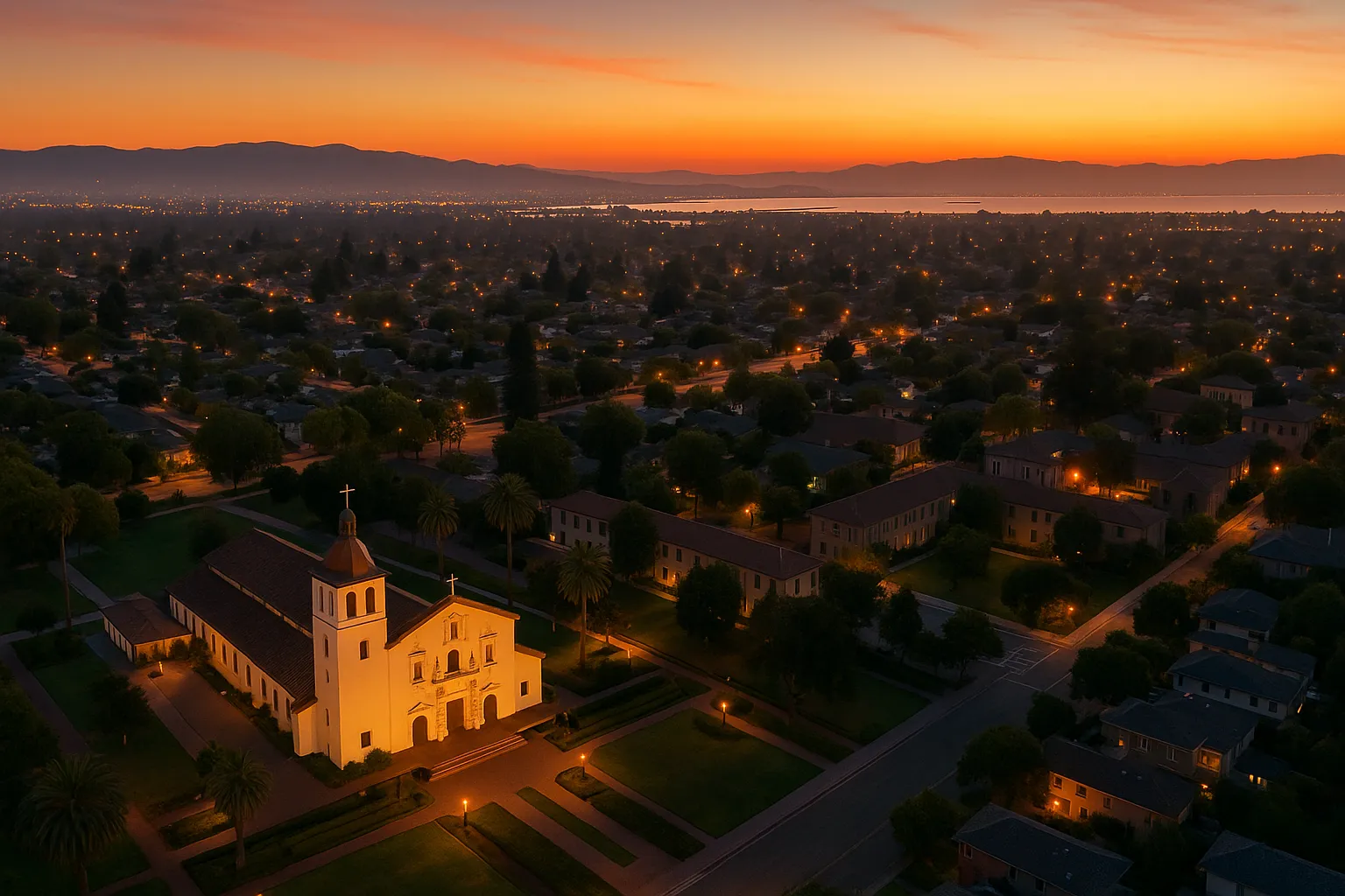 Aerial twilight view of Santa Clara showcasing Mission Santa Clara de Asís with its illuminated façade in the foreground, tree-lined campus buildings and suburban streets aglow, and the South Bay shoreline and distant mountains under a warm orange-to-blue dusk sky.